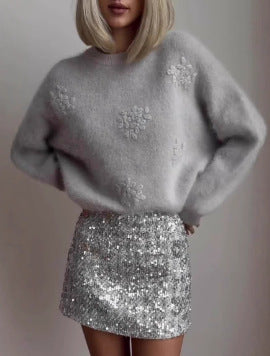 Pull over Brodé à Manches sulfet Col Rond