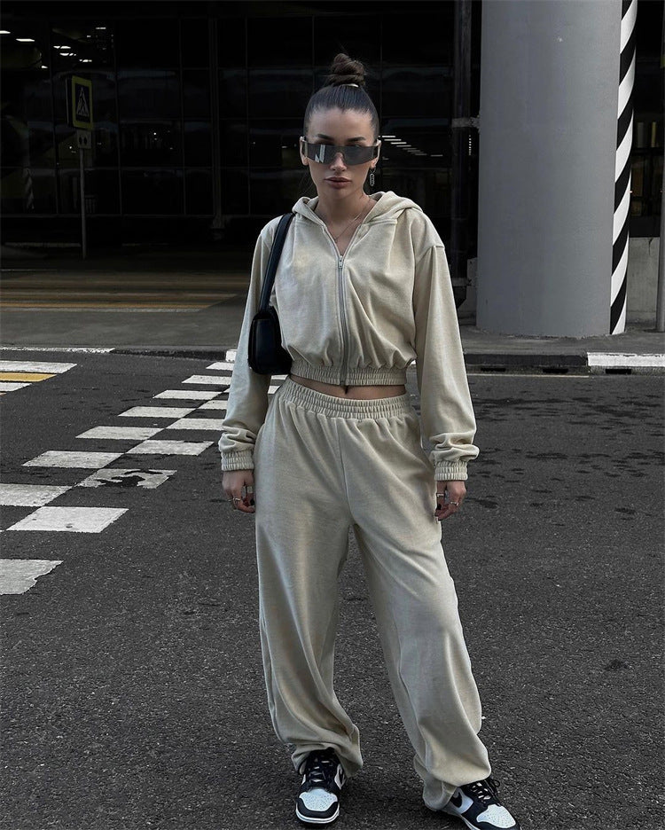 European And American Street Style Long Sleeve Hooded Cardigan Elastic Trousers Two-piece Set